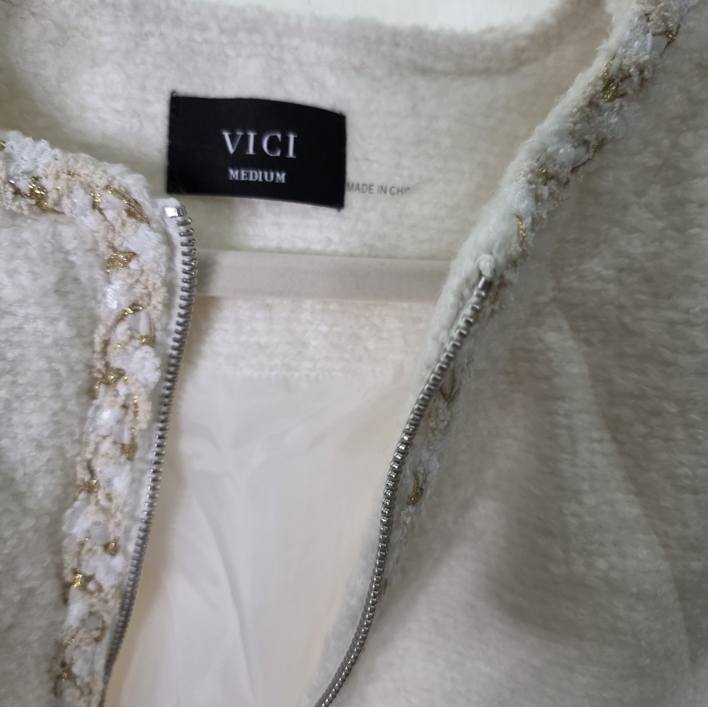 VICI Cream Quilted Bouclé Zip Jacket with Braided Trim - Picture 5 of 6